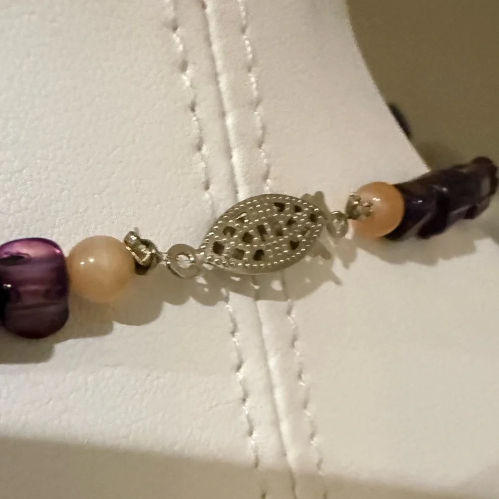 Vintage Purple and Peach Beaded Necklace With Silver Tone Clasp
